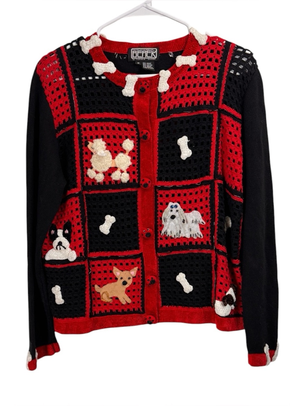 Vintage Berek Size Medium Red Black Granny Square Dog Cardigan Sweater